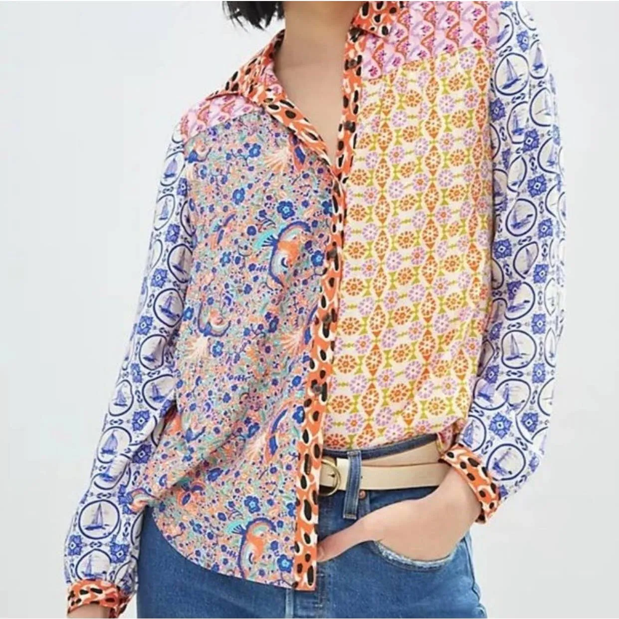 Anthropologie Contrast Button Down Blouse Top Patchwork Size Medium New