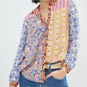 Anthropologie Contrast Button Down Blouse Top Patchwork Size Medium New