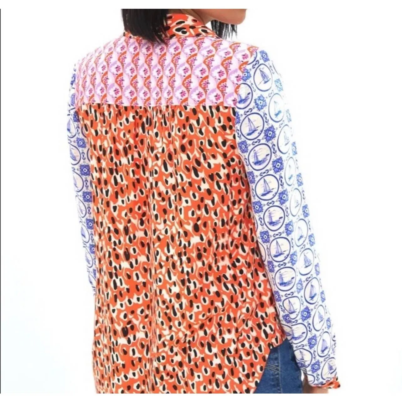 Anthropologie Contrast Button Down Blouse Top Patchwork Size Medium New