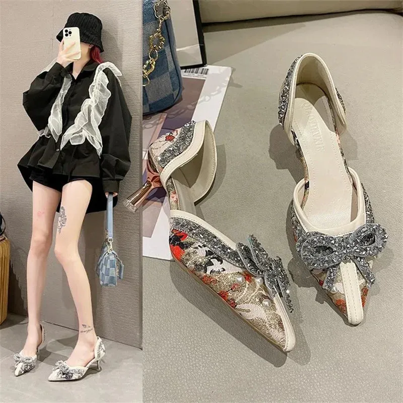 binfenxie  -  Luxury Pearl Crystal Bowtie White Wedding Shoes Women  Autumn Brand Designer High Heels Pumps Woman Thin Heeled Party Shoes