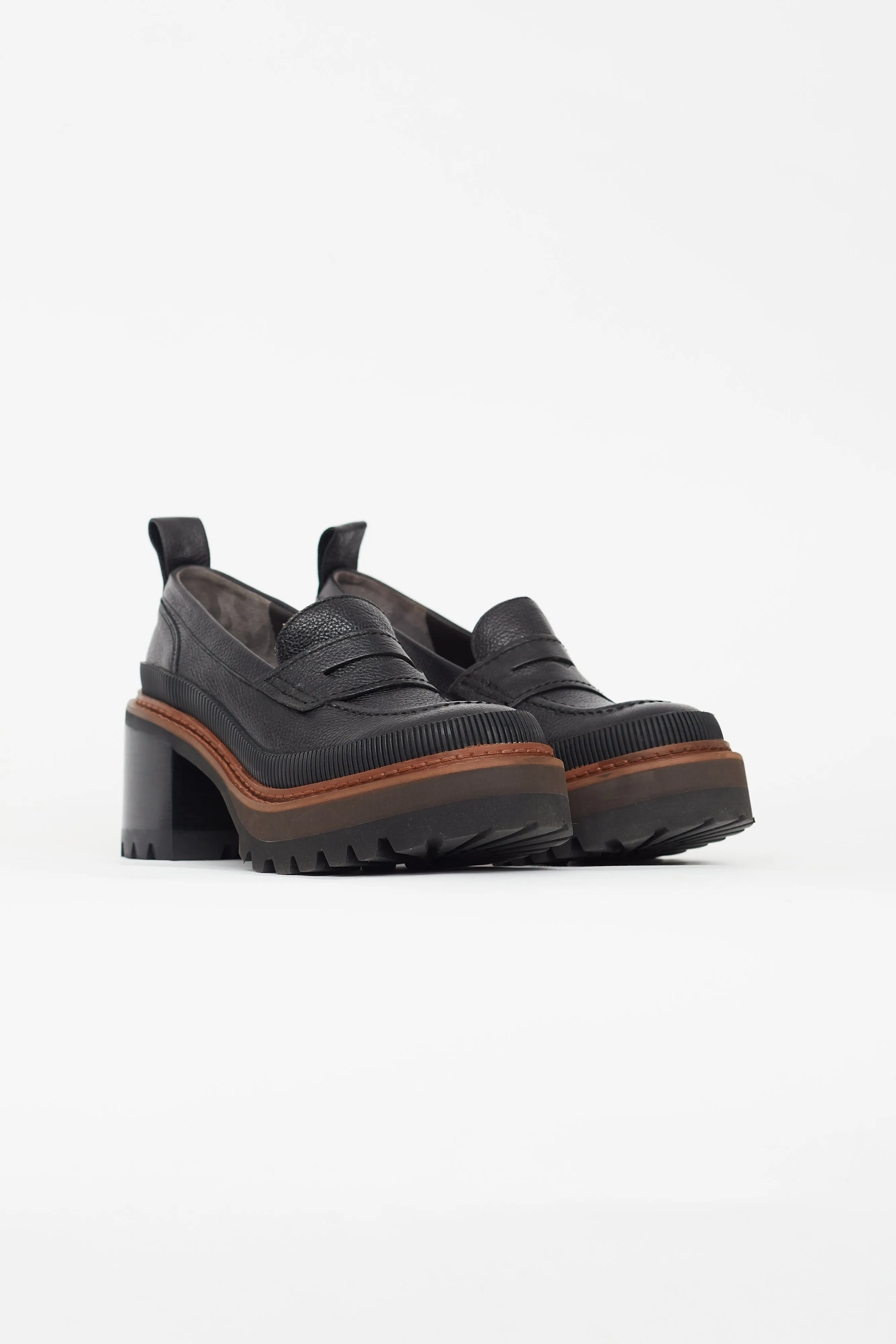 Black Leather & Brown Heeled Loafer