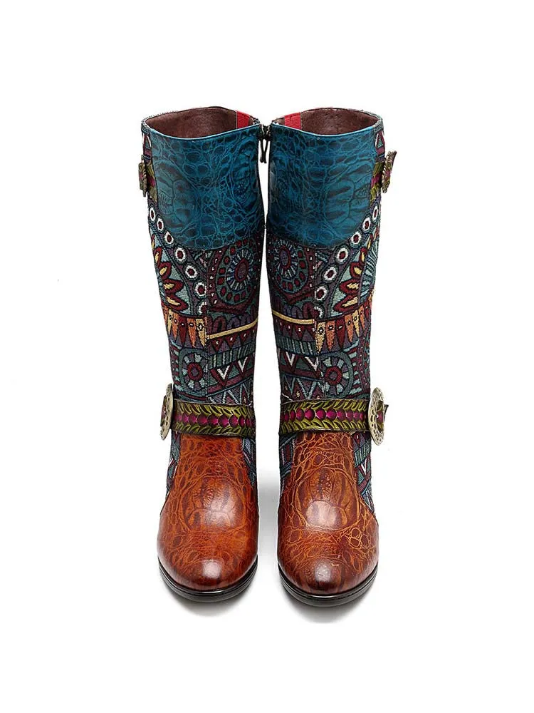 Bohemian Leather Splicing Pattern High Tube Boots