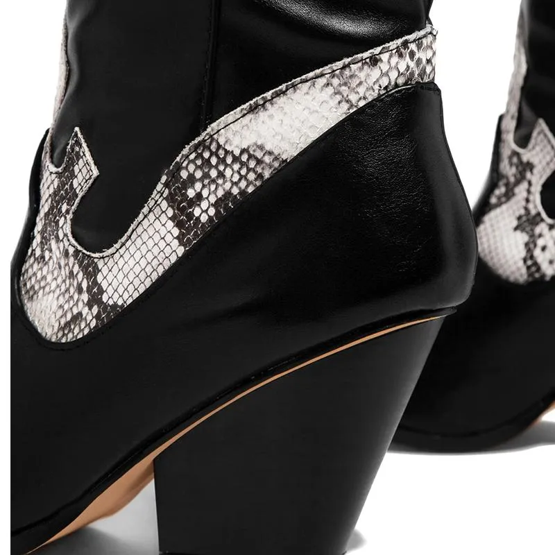 Chicvane Women's Snakeskin Printed Chunky Heel Knee High Boots Retro Riding Boot