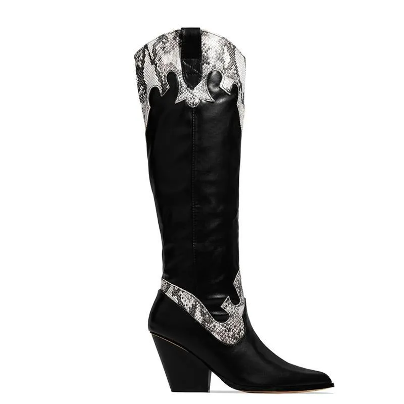 Chicvane Women's Snakeskin Printed Chunky Heel Knee High Boots Retro Riding Boot