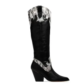 Chicvane Women's Snakeskin Printed Chunky Heel Knee High Boots Retro Riding Boot