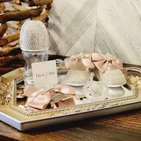 crystal baby shoes   bow   pacifier gift set || antique pink