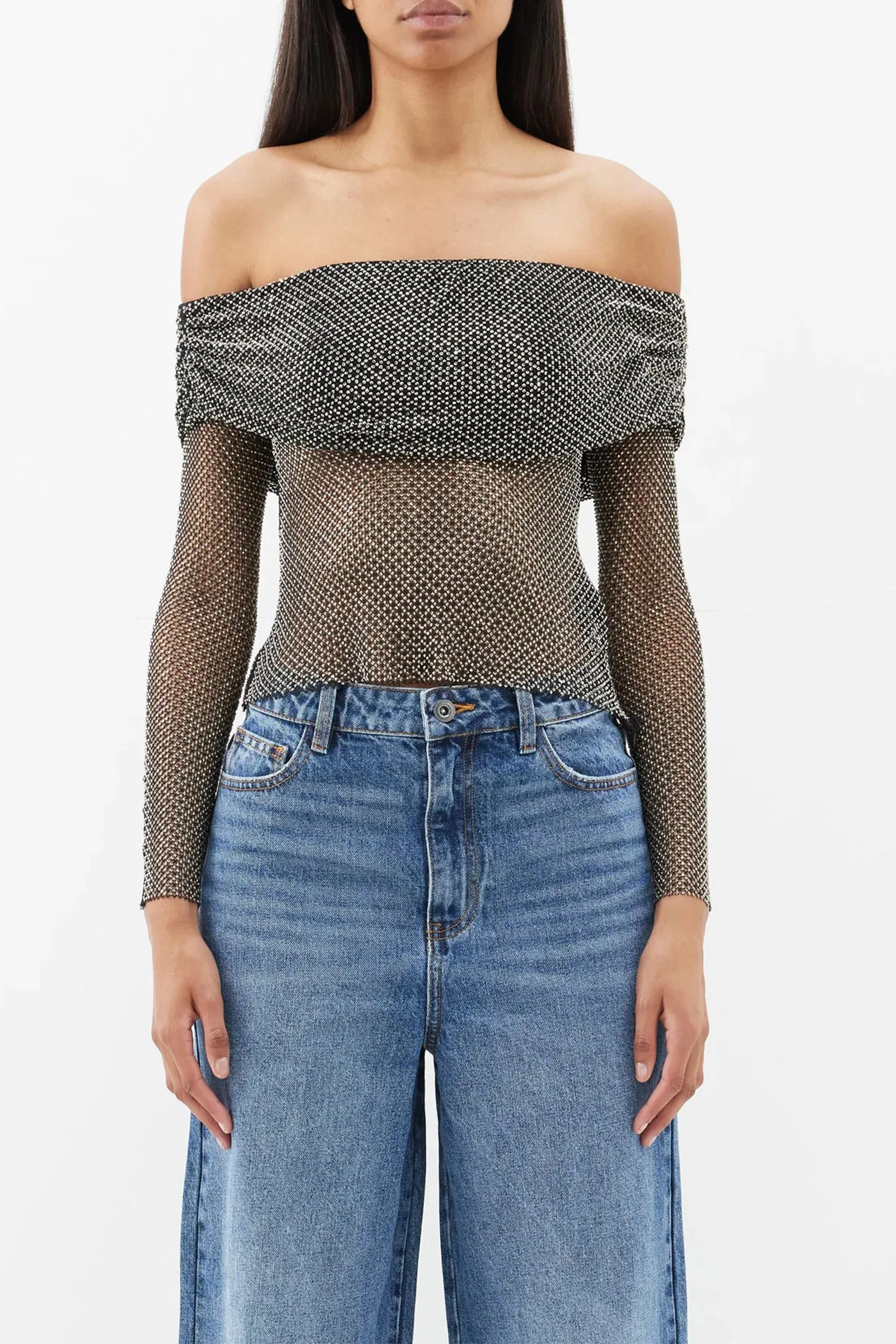 Crystal-embellished Fishnet Top