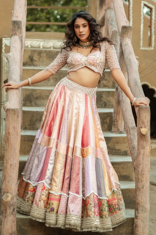 DESIGNER PANELED KANJEEVARAM LEHENGA IN SILK