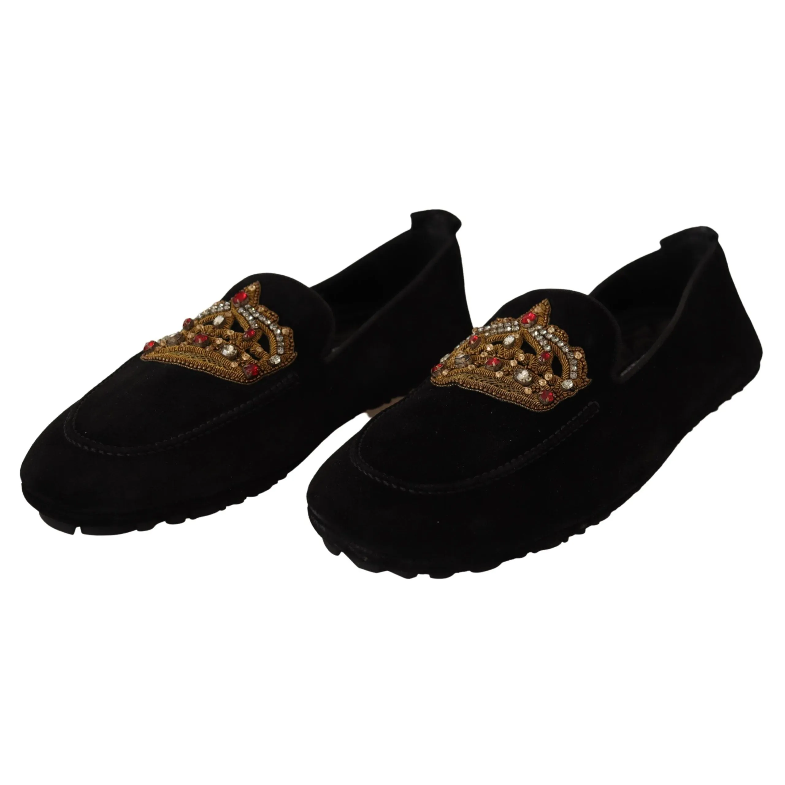 Dolce & Gabbana Elegant Black Leather Loafer Slides with Gold Embroidery