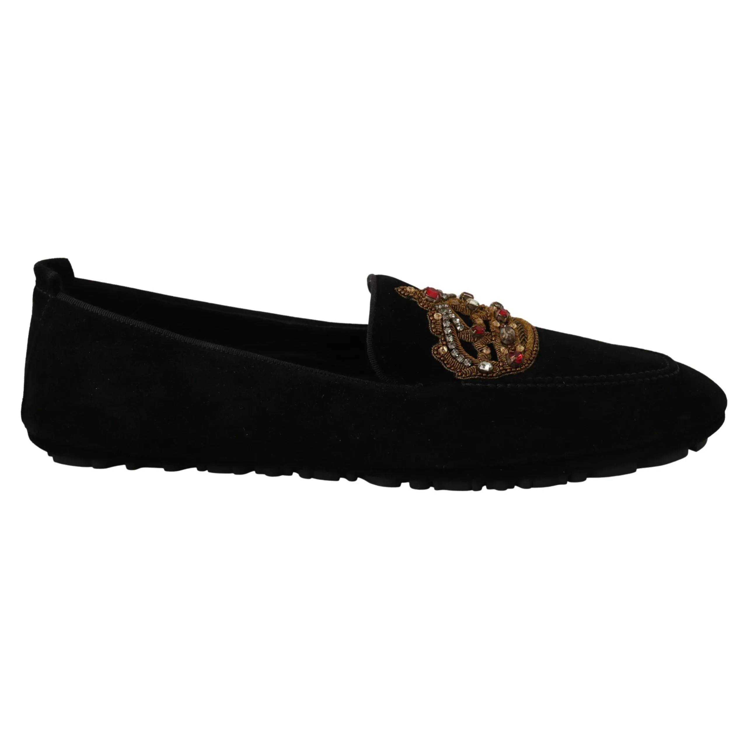 Dolce & Gabbana Elegant Black Leather Loafer Slides with Gold Embroidery