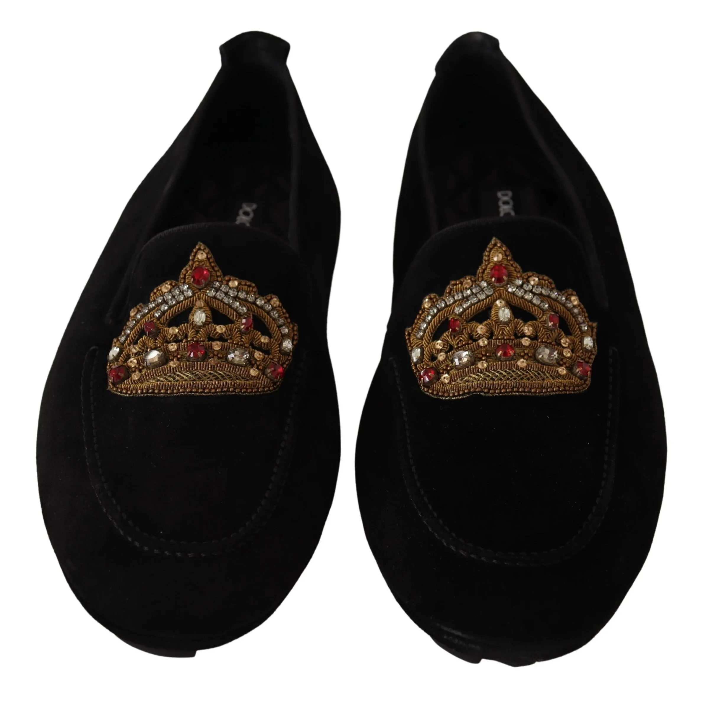 Dolce & Gabbana Elegant Black Leather Loafer Slides with Gold Embroidery
