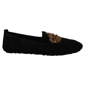 Dolce & Gabbana Elegant Black Leather Loafer Slides with Gold Embroidery
