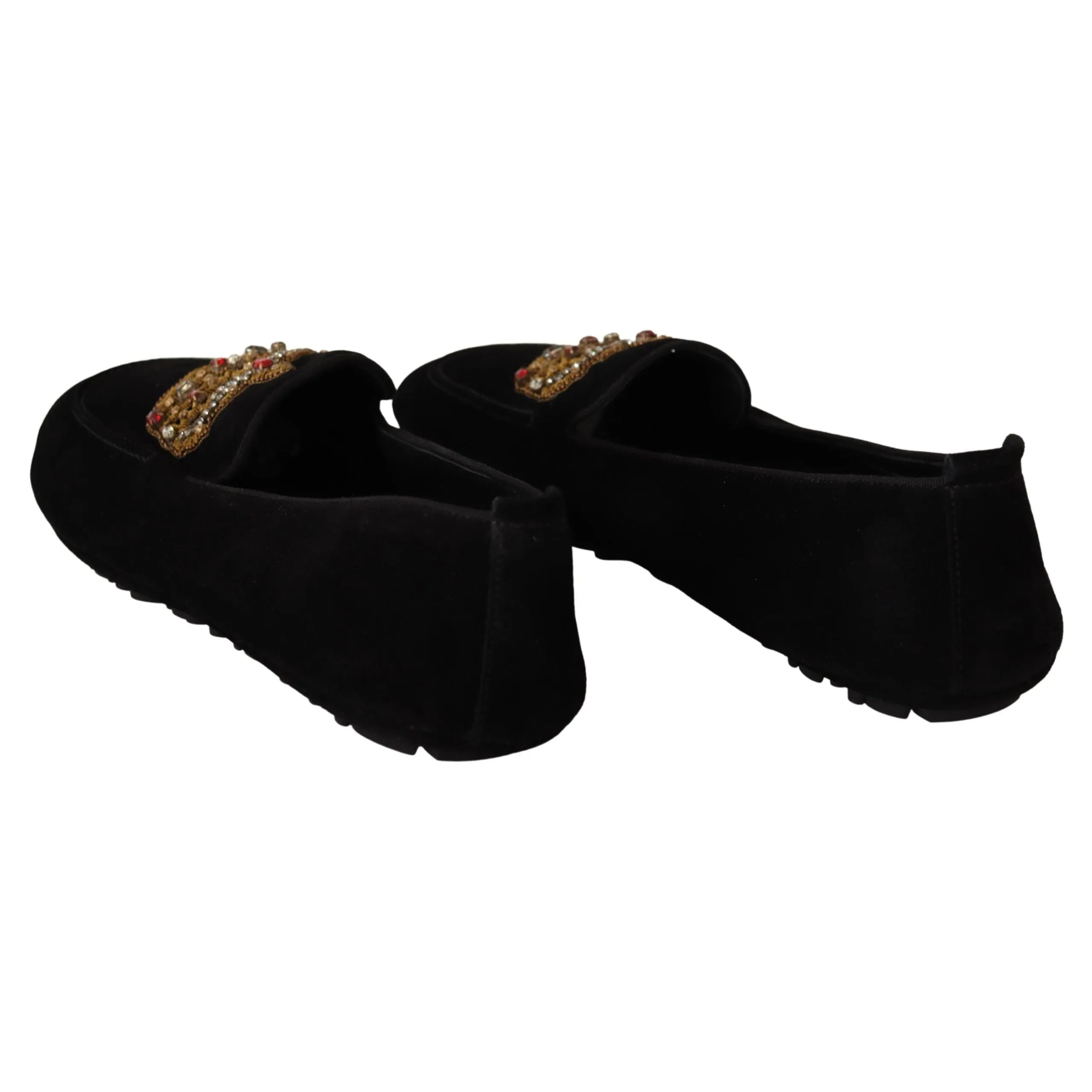 Dolce & Gabbana Elegant Black Leather Loafer Slides with Gold Embroidery