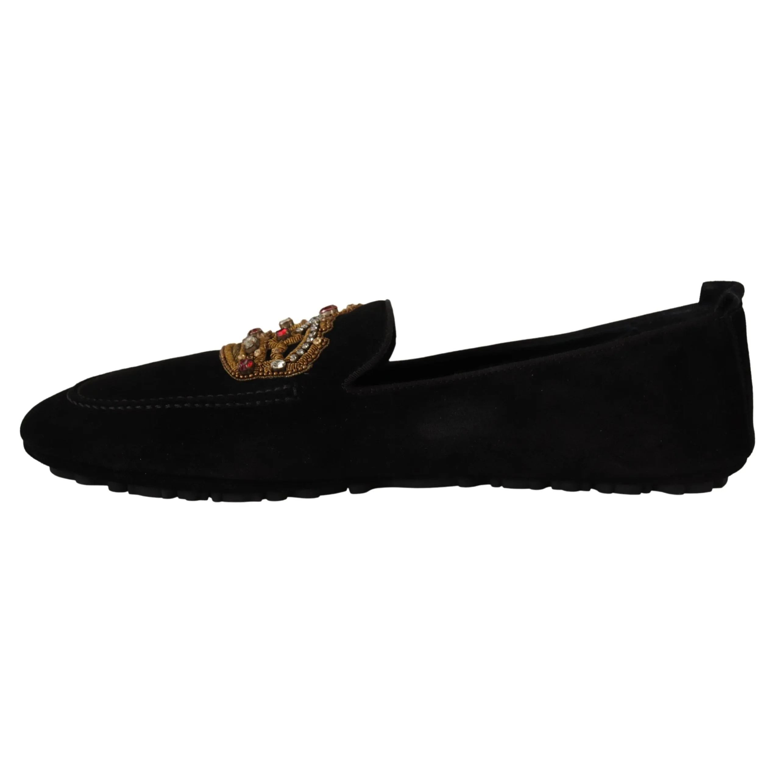 Dolce & Gabbana Elegant Black Leather Loafer Slides with Gold Embroidery