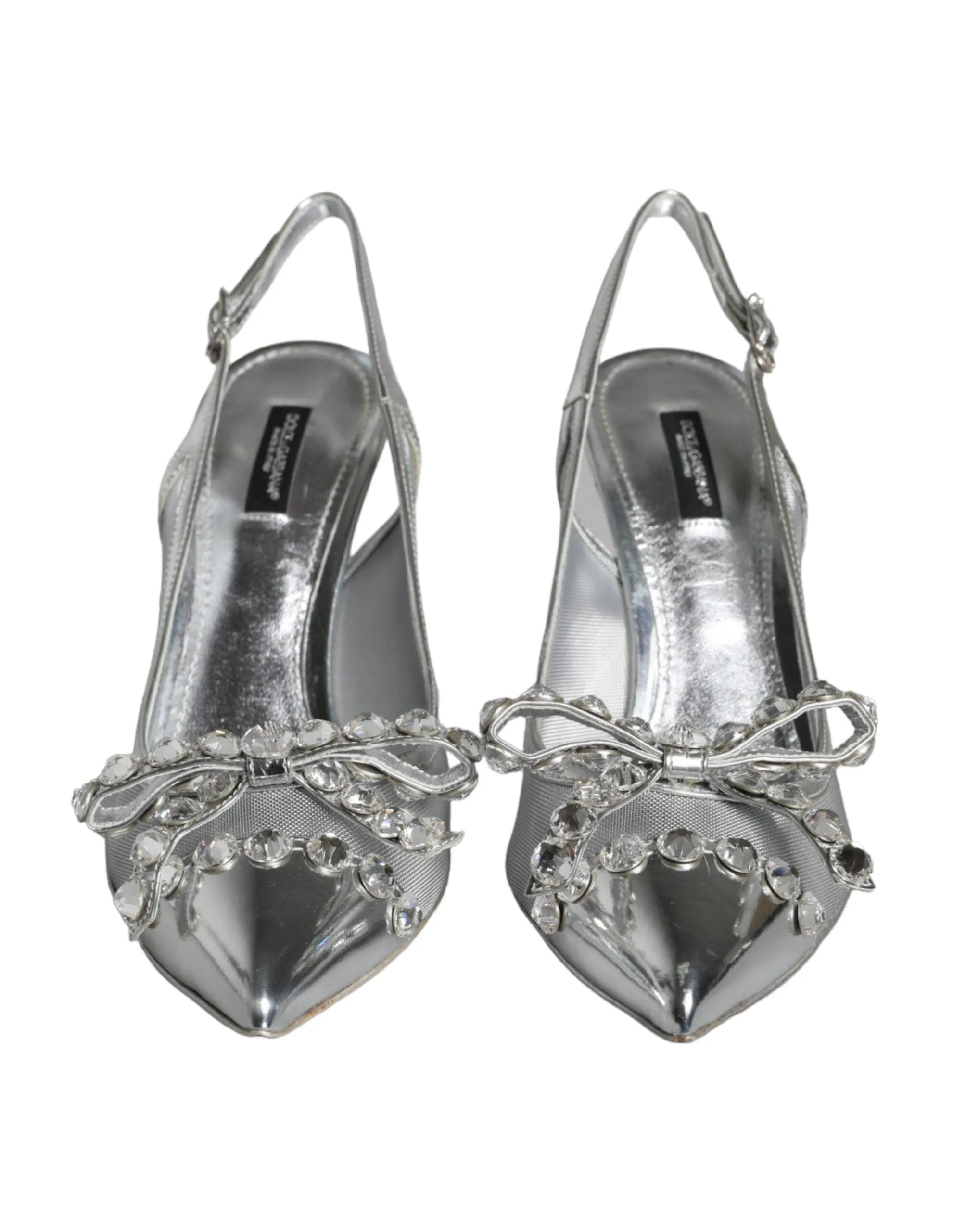 Dolce & Gabbana Silver Mesh Crystal Embellished Slingback Sko