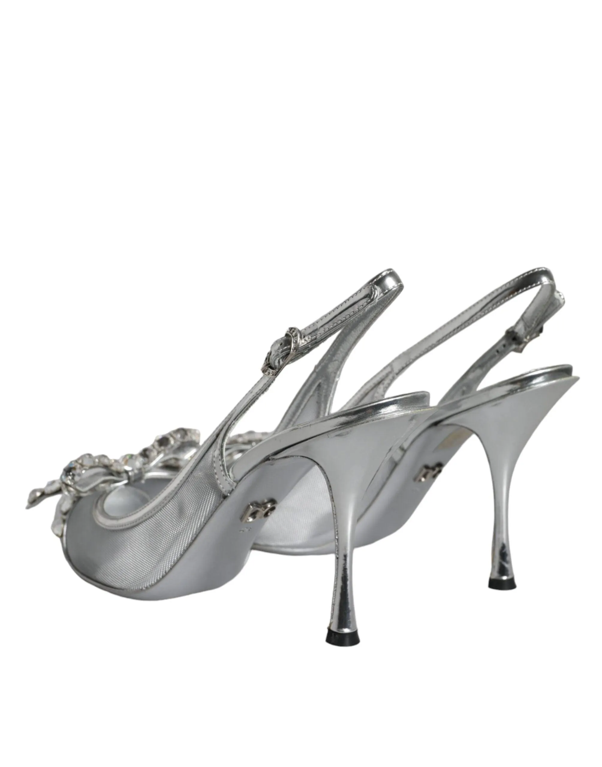 Dolce & Gabbana Silver Mesh Crystal Embellished Slingback Sko