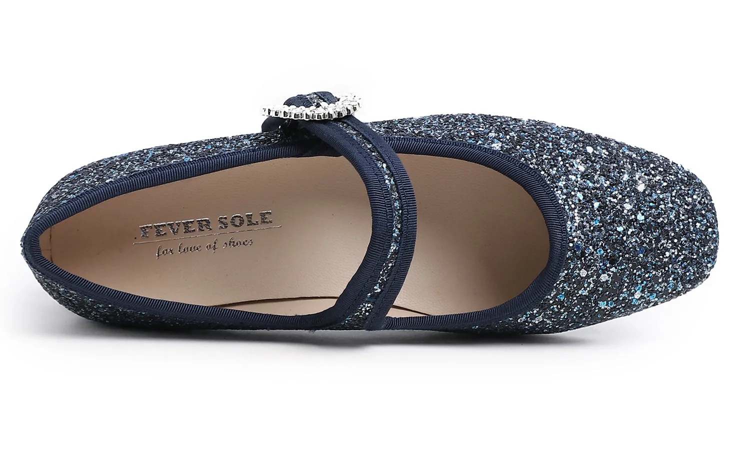 Feversole Women's Mary Jane Fashion Square Toe Easy Buckle Low Heel Slip On Flats Glitters Rhinestone
