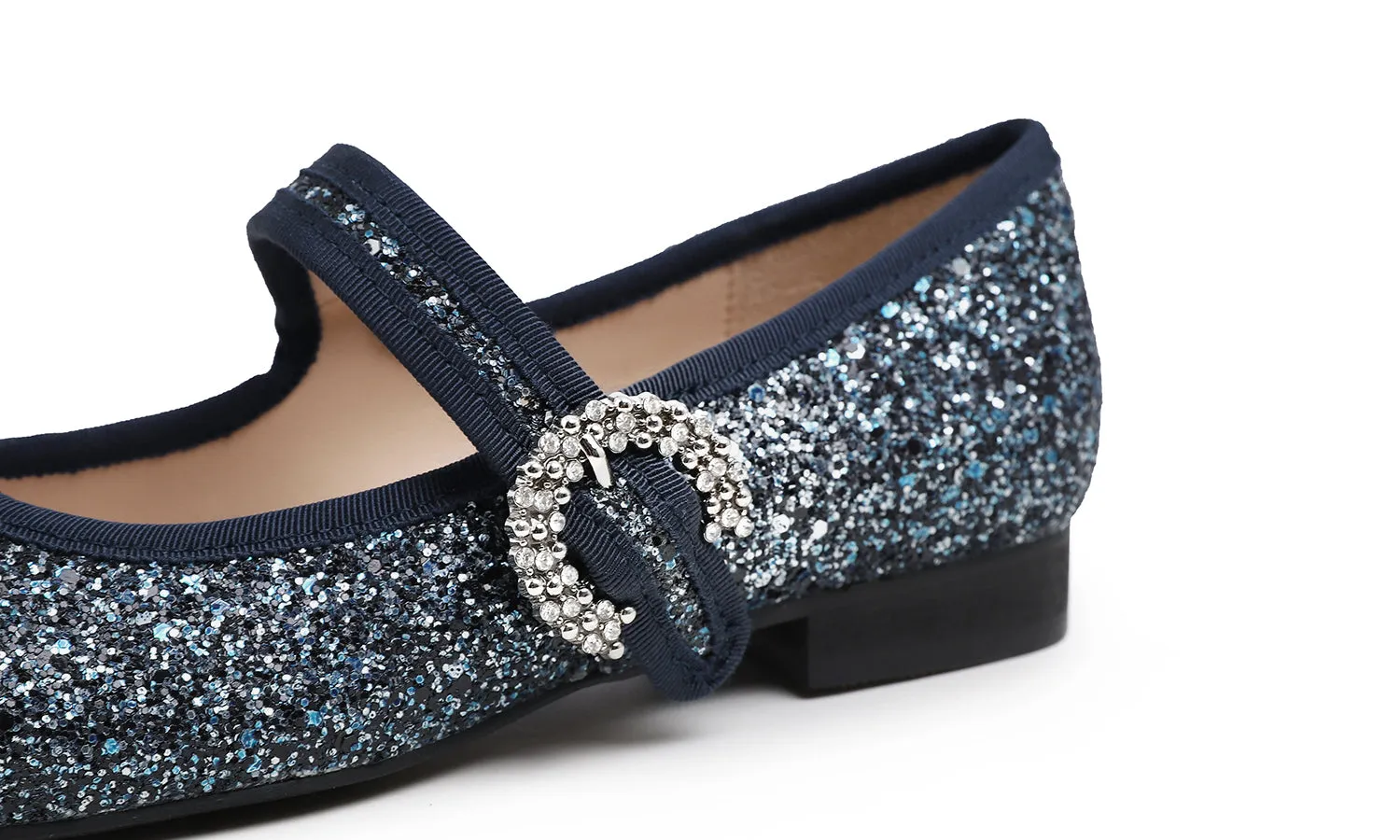 Feversole Women's Mary Jane Fashion Square Toe Easy Buckle Low Heel Slip On Flats Glitters Rhinestone