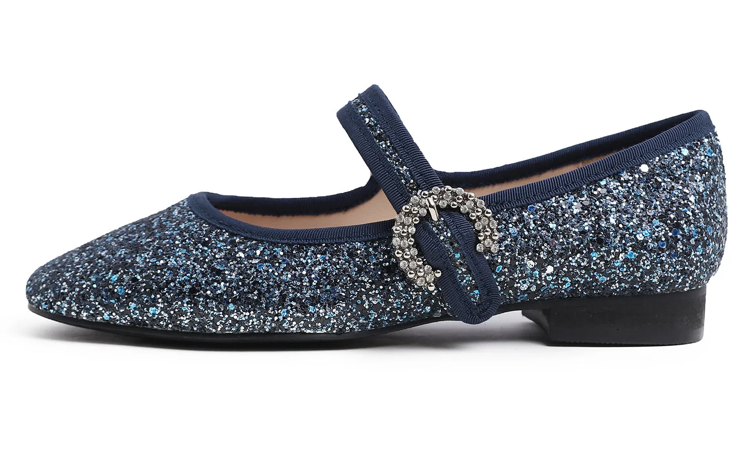 Feversole Women's Mary Jane Fashion Square Toe Easy Buckle Low Heel Slip On Flats Glitters Rhinestone