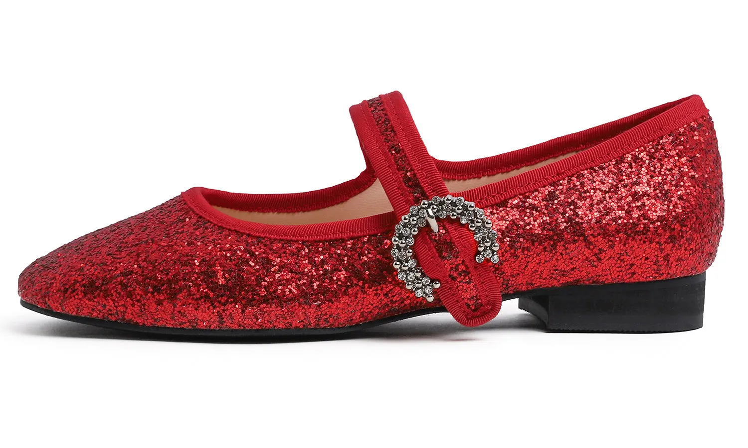 Feversole Women's Mary Jane Fashion Square Toe Easy Buckle Low Heel Slip On Flats Glitters Rhinestone