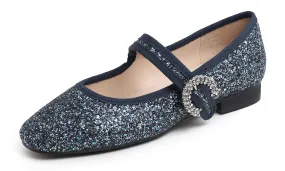 Feversole Women's Mary Jane Fashion Square Toe Easy Buckle Low Heel Slip On Flats Glitters Rhinestone