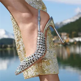 GULLICK Luxury Crystal Embellished Slingback High Thin Heel Shoes