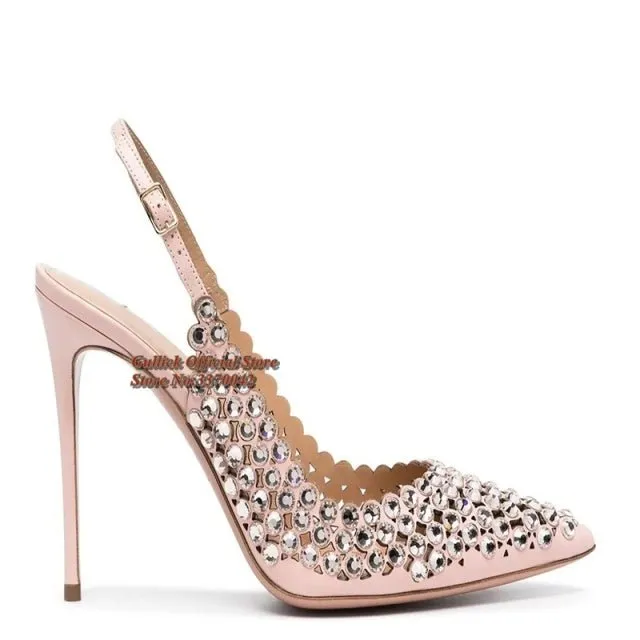 GULLICK Luxury Crystal Embellished Slingback High Thin Heel Shoes