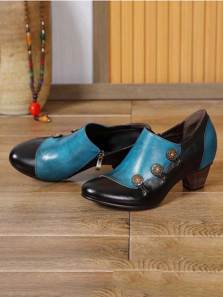Hand Painted Leather Low Heel Shoes