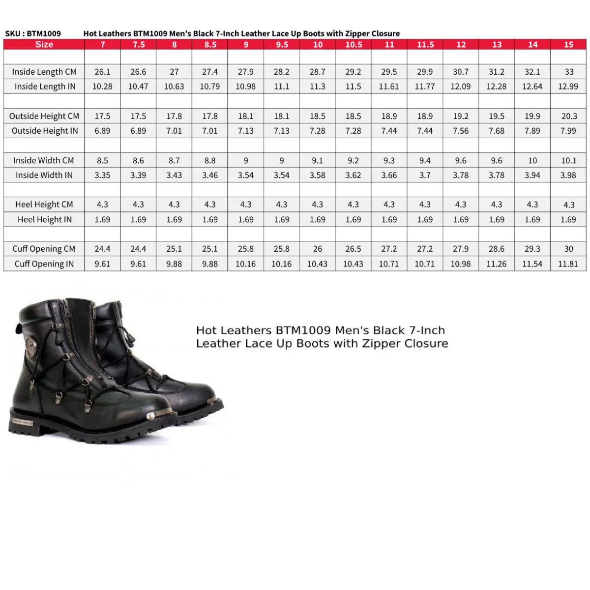 Hot Leathers BTM1009 Men's Black 7-Inch Leather Lace Up Boots with