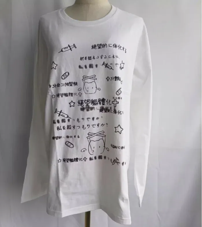 Japanischer Stil Weißes Langarmshirt mit Niedlichen Prints für Frauen
