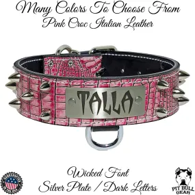 Leather Dog Collar Personalized Name Plate Bullet Studs 2" Wide - W50