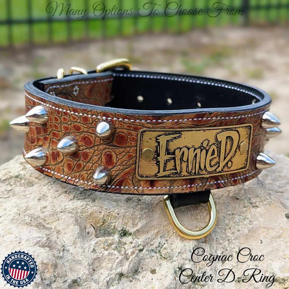 Leather Dog Collar Personalized Name Plate Bullet Studs 2" Wide - W50