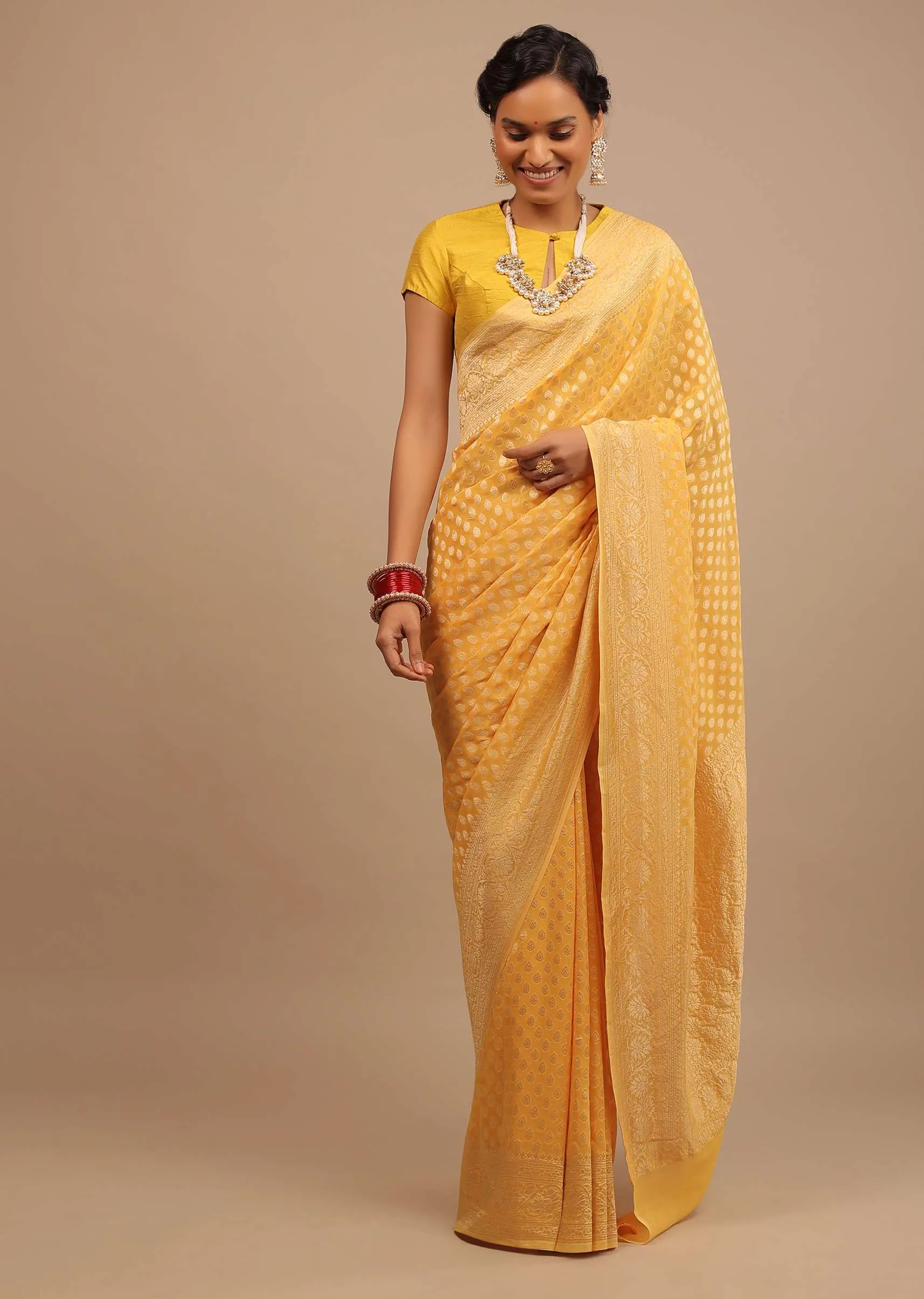 Marigold Yellow Saree With Woven Leaf Jaal Work