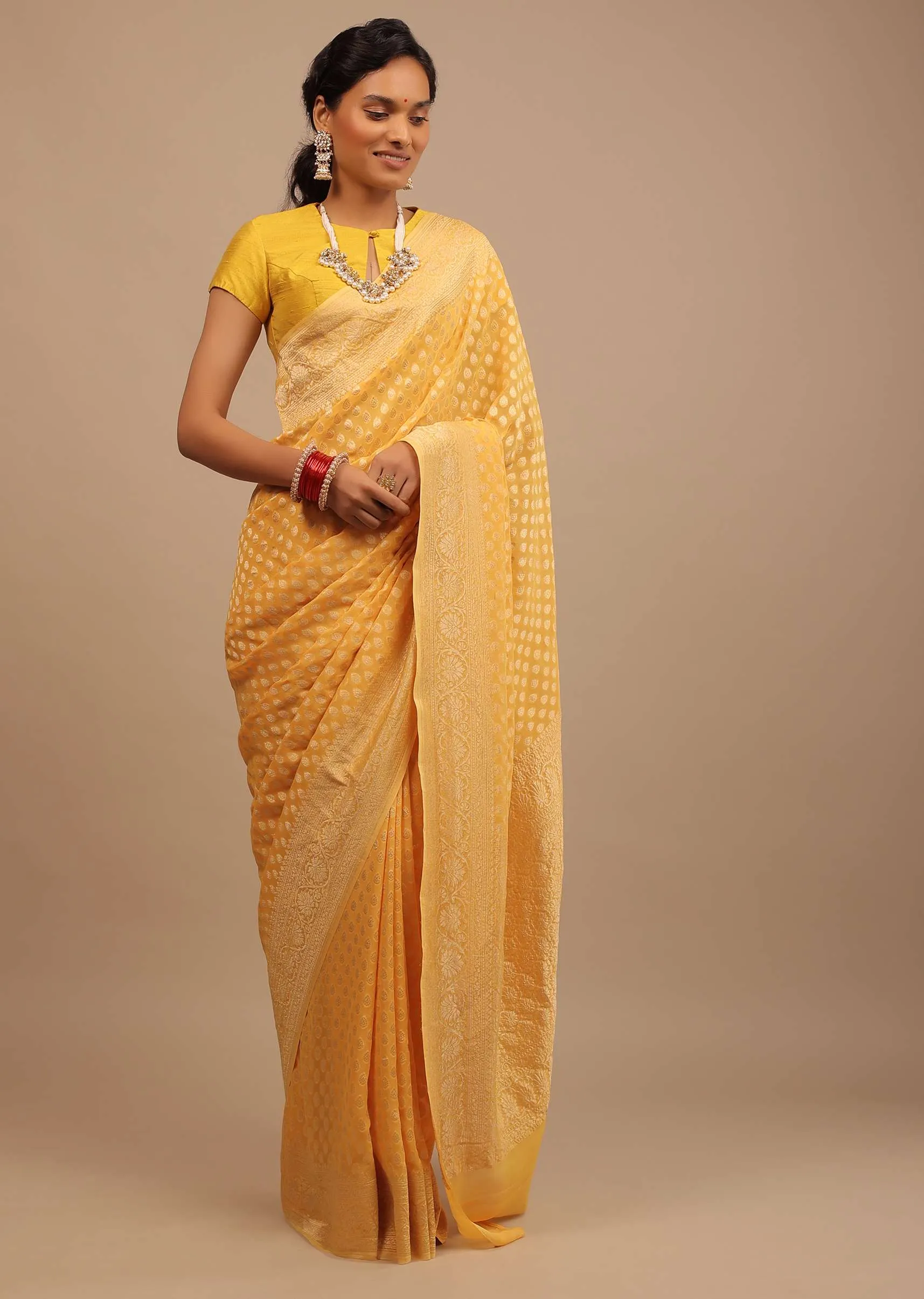 Marigold Yellow Saree With Woven Leaf Jaal Work