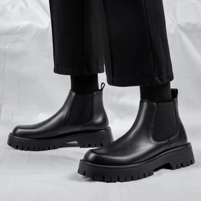 Men's Italian Leather Chelsea Boots - High Top Luxury Business Casual Ankle Boots with Platform & Round Toe