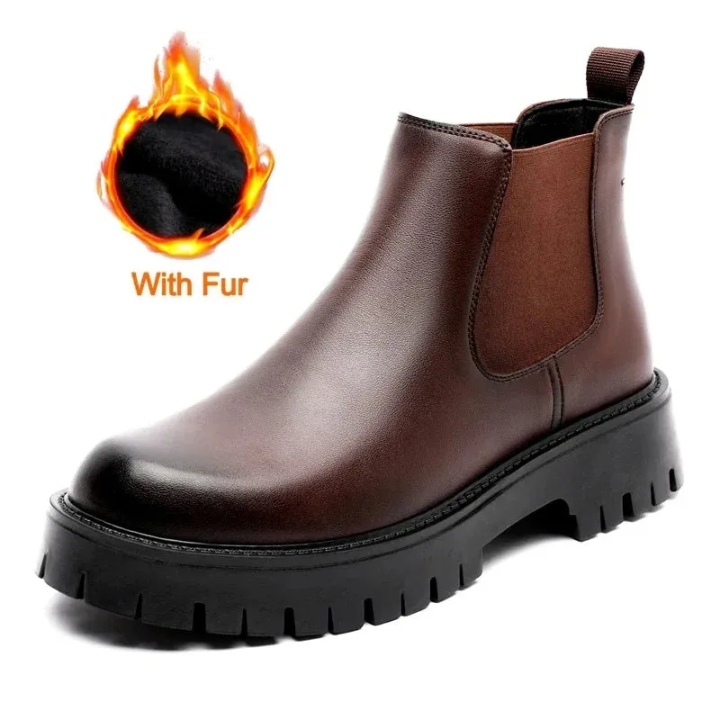 Men's Italian Leather Chelsea Boots - High Top Luxury Business Casual Ankle Boots with Platform & Round Toe