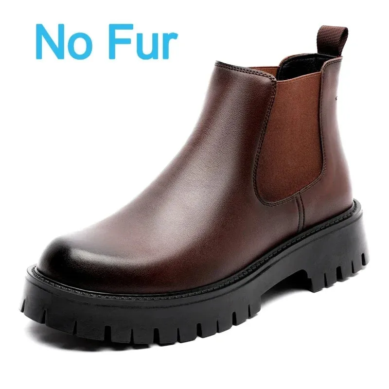 Men's Italian Leather Chelsea Boots - High Top Luxury Business Casual Ankle Boots with Platform & Round Toe