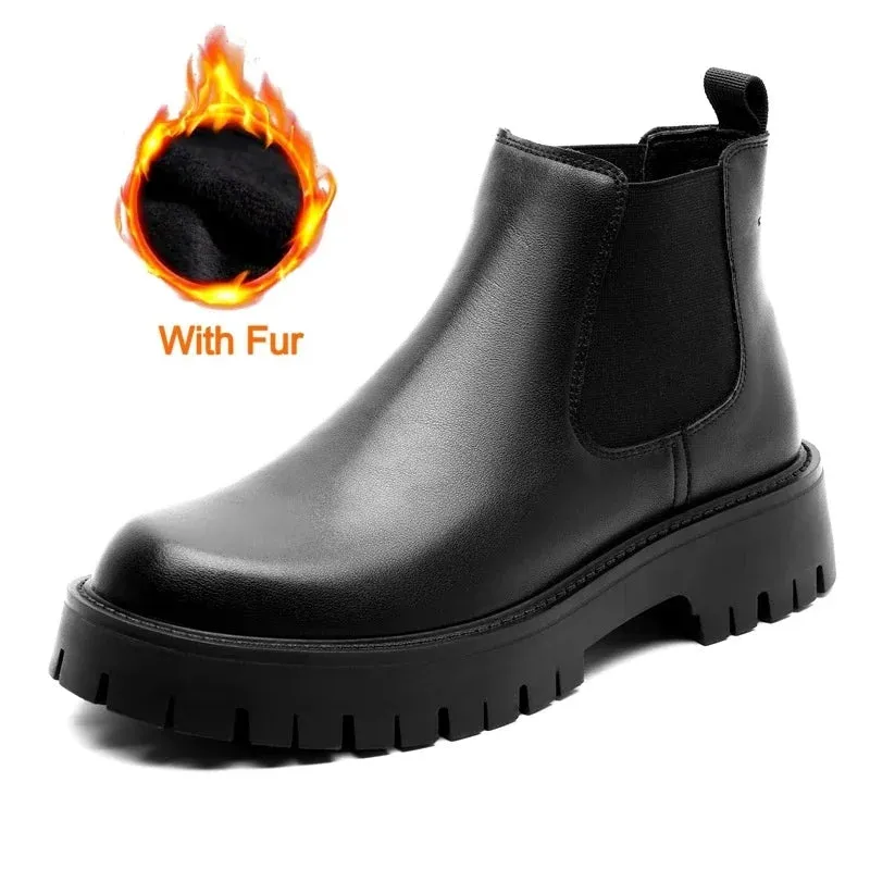 Men's Italian Leather Chelsea Boots - High Top Luxury Business Casual Ankle Boots with Platform & Round Toe
