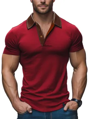 Men's Retro Patchwork Leather Short-Sleeved Polo Shirt
