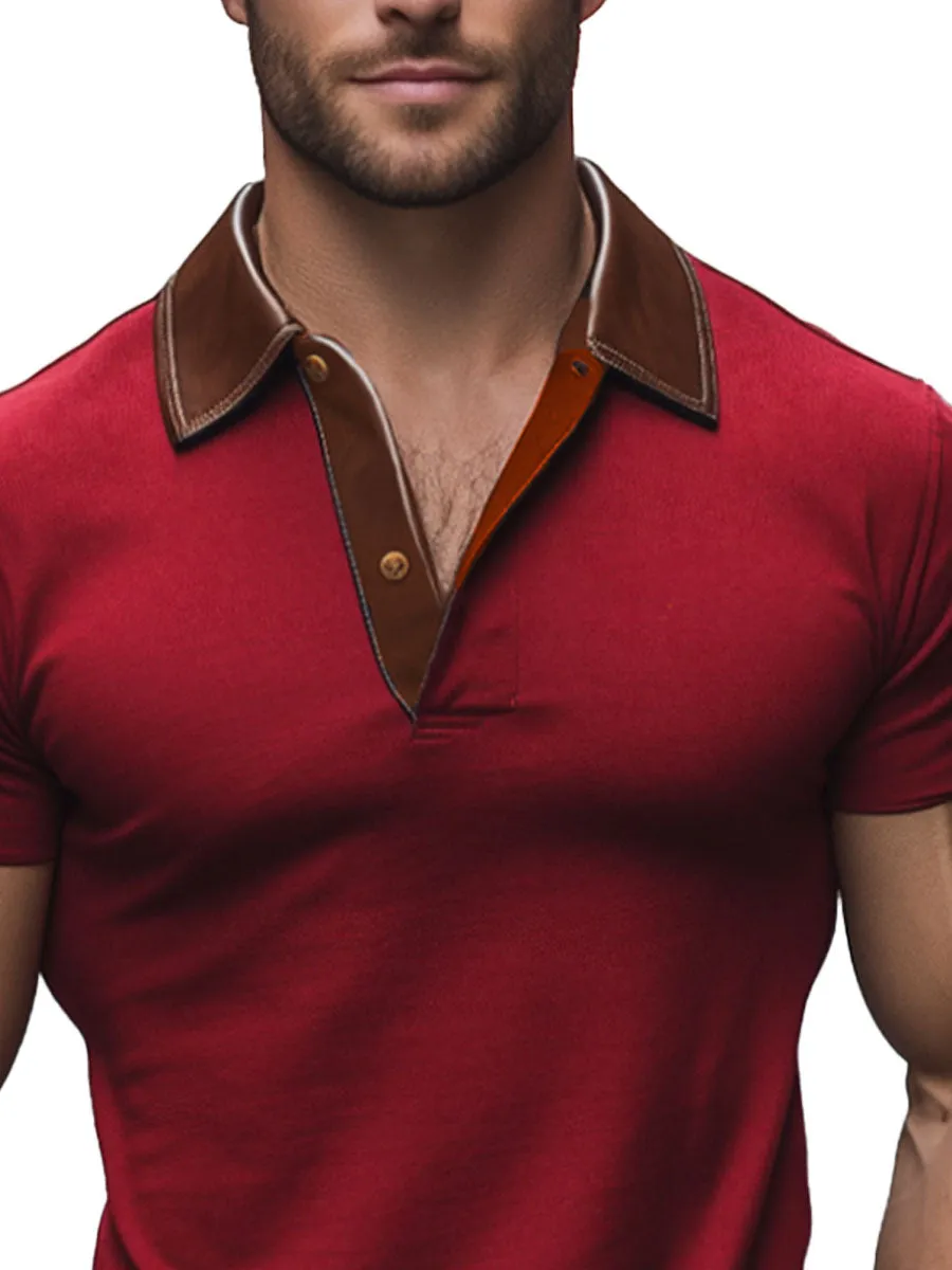 Men's Retro Patchwork Leather Short-Sleeved Polo Shirt