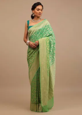 Mint Green Saree With Jaal Work On The Border And Pallu