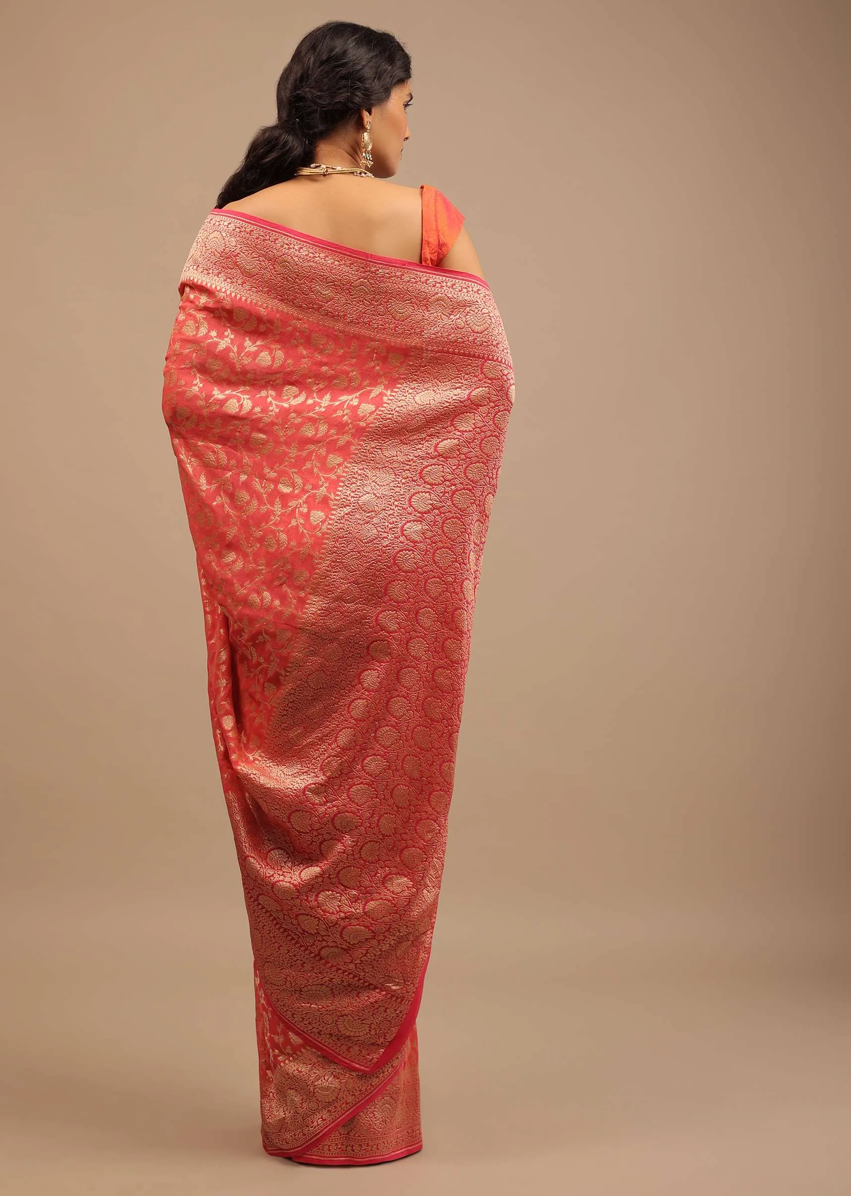 Peach Pink Saree In Georgette With Woven Jaal Work