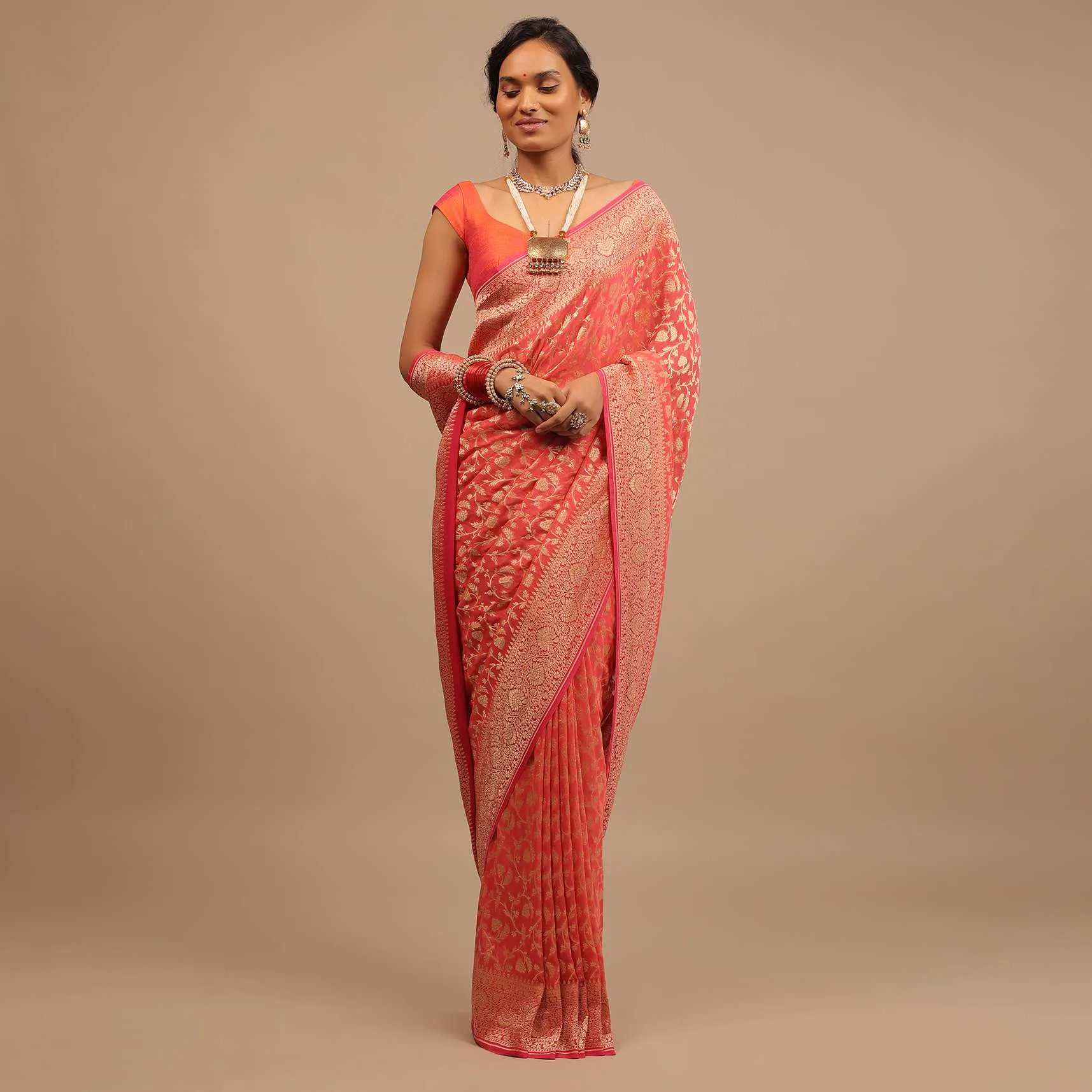 Peach Pink Saree In Georgette With Woven Jaal Work