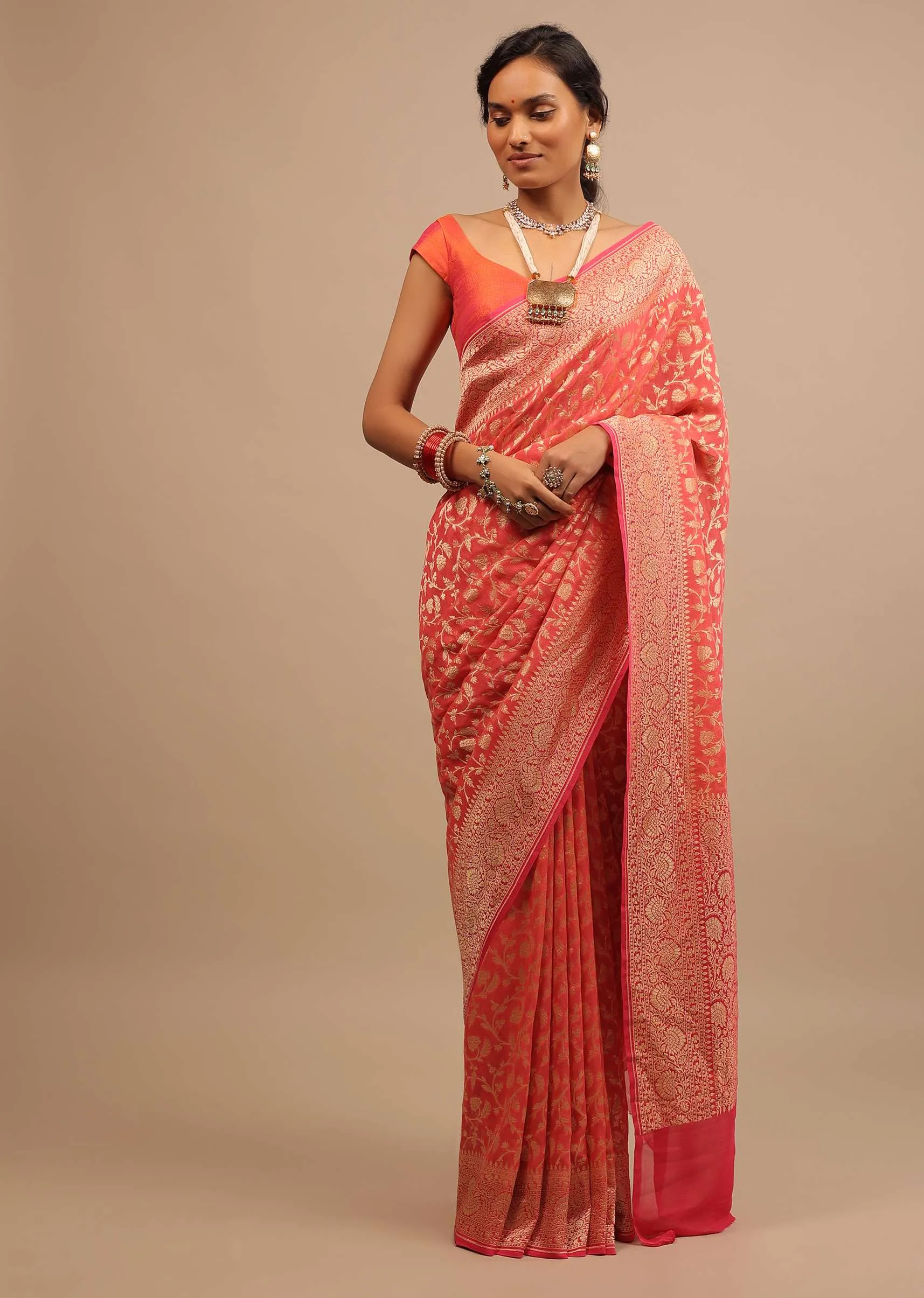 Peach Pink Saree In Georgette With Woven Jaal Work