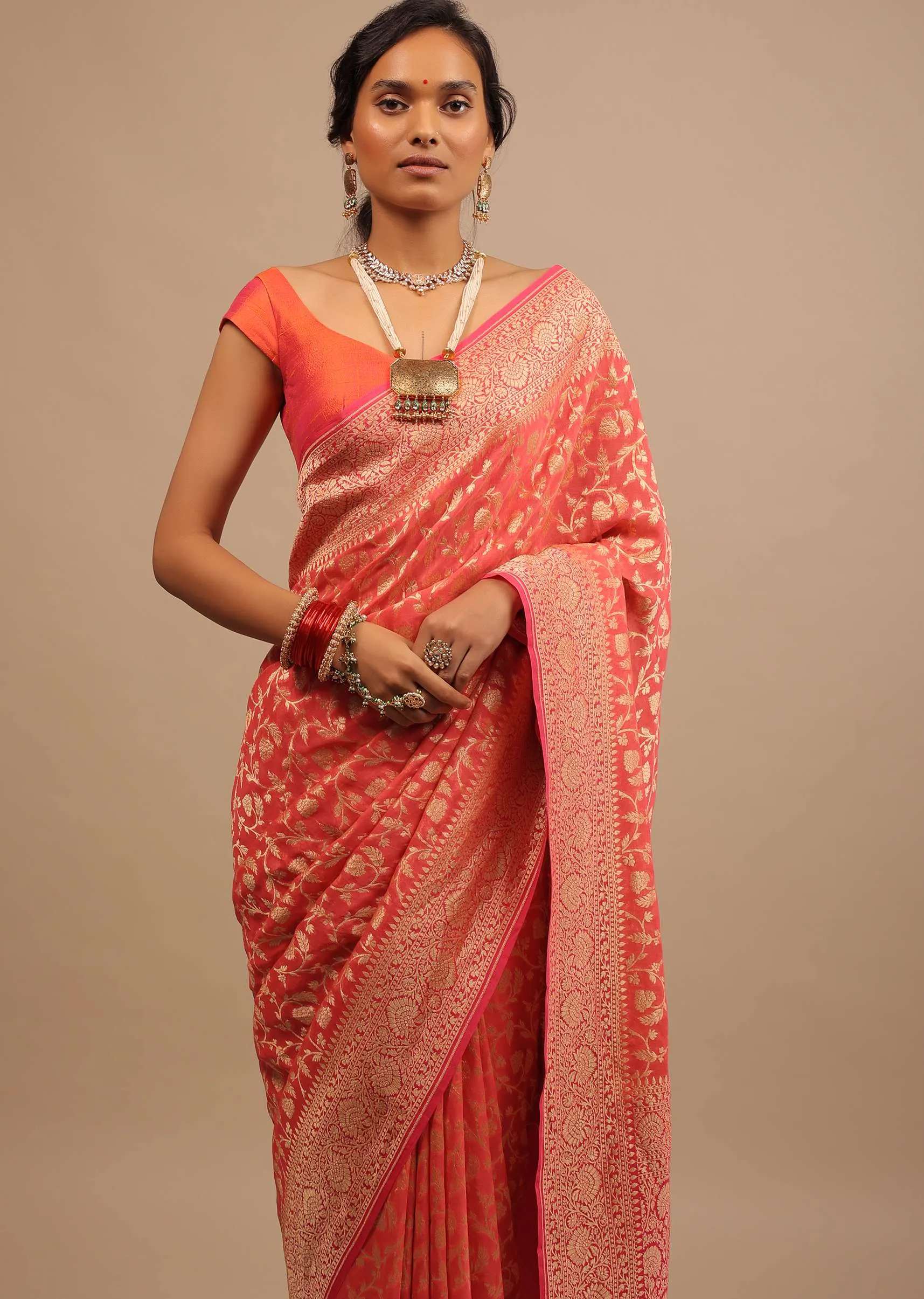 Peach Pink Saree In Georgette With Woven Jaal Work