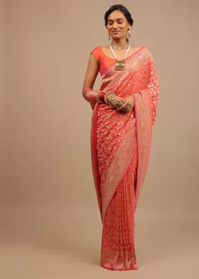 Peach Pink Saree In Georgette With Woven Jaal Work
