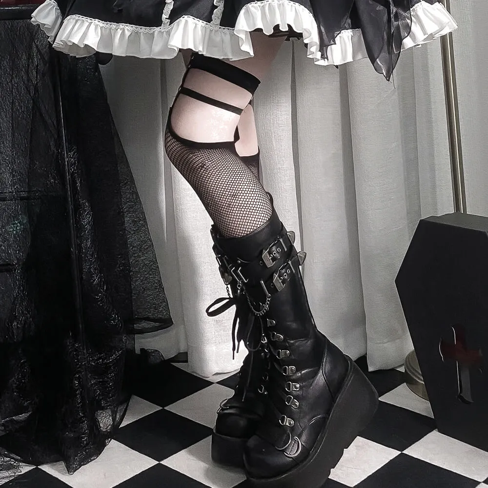 Punk Studded Knee High Fishnet Socks