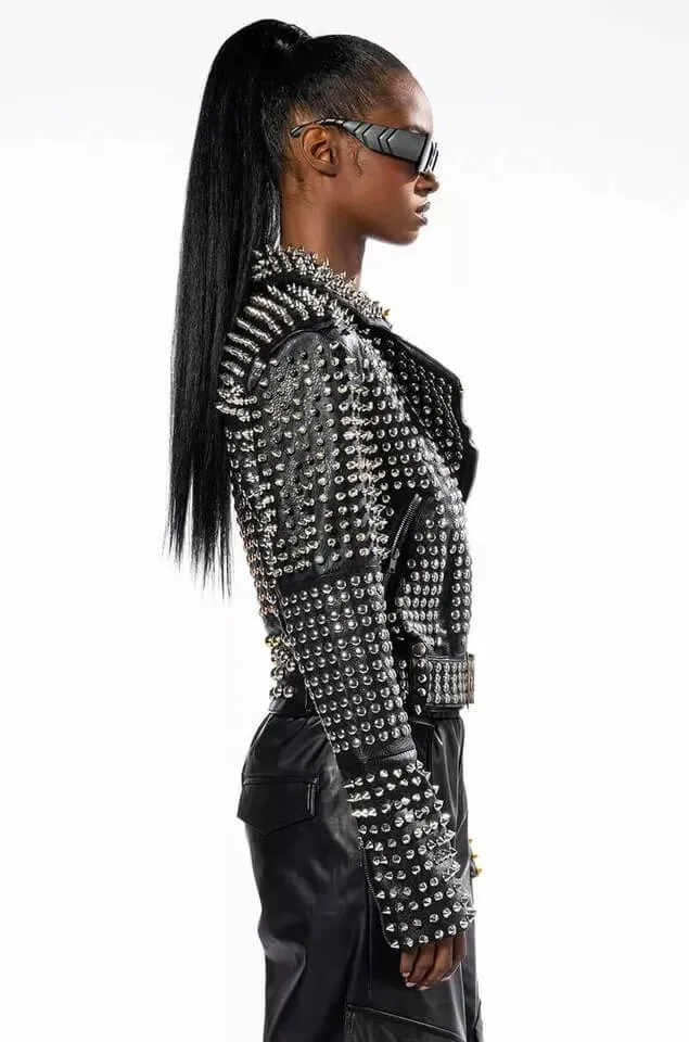Punk Women's Long Spiked Leather Jacket