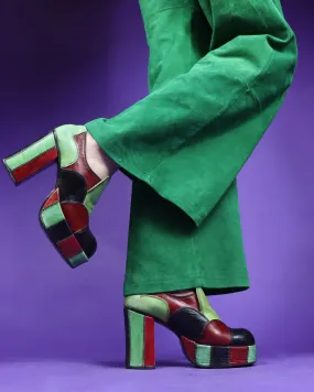 RESERVED: Vintage 1970s Eldita's Patchwork Platform Shoes Green UK 4