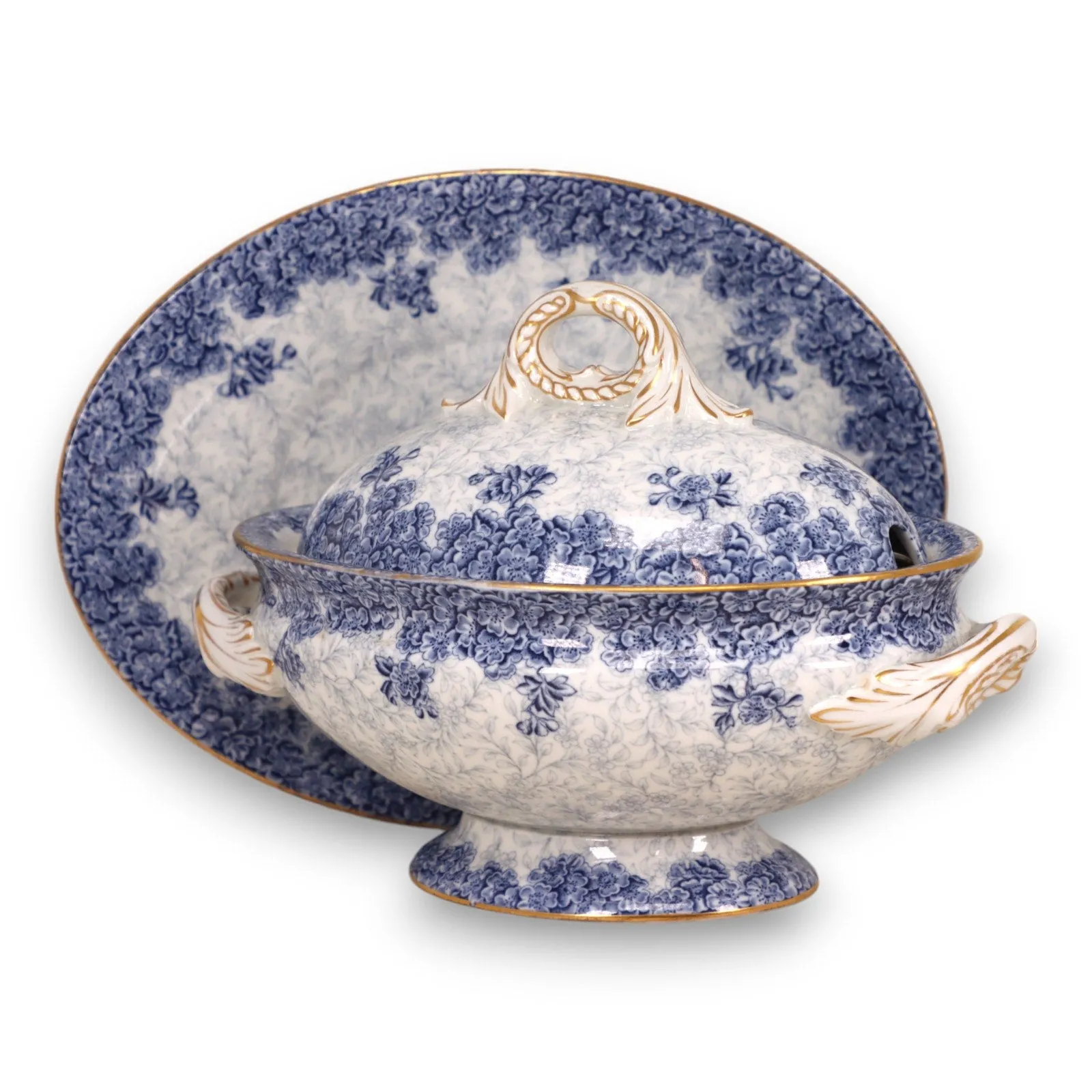 Royal Worcester W2297 68547 Gravy Boat Sauce Dish Blue Floral Gold Trim 1890